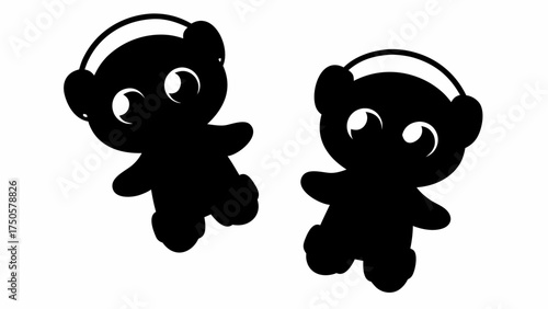 Two cute teddy bears wearing headphones, adorable animal characters for children's design projects and fun illustrations