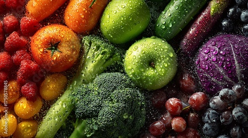 Fototapeta Naklejka Na Ścianę i Meble -  A vibrant background filled with an artistic spread of assorted fruits and vegetables, arranged in gradient color patterns, glistening under soft daylight, with intricate textures and fresh dew drops