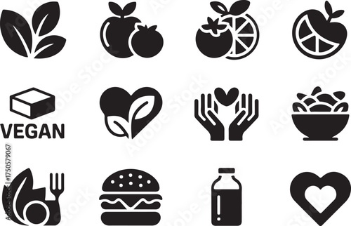 Healthy food icons for vegan lifestyle and wellness
