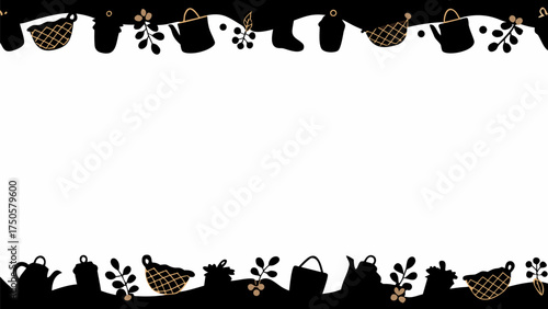 Charming border with silhouetted kitchenware and sprigs for elegant invites or creative culinary projects