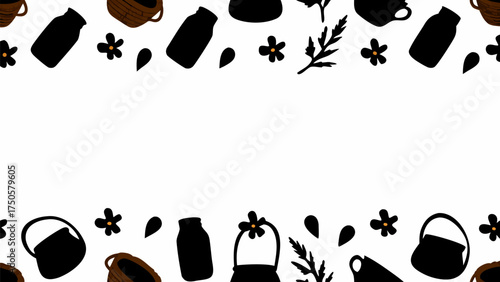 Charming farm-style floral border with milk jugs, baskets, and black flowers for rustic designs