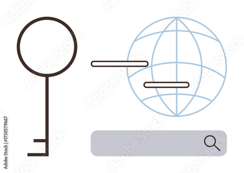 Key next to globe and search bar symbolizes access, global reach, online search, and security. Ideal for search engine, online access, cybersecurity, globalization, technology data privacy