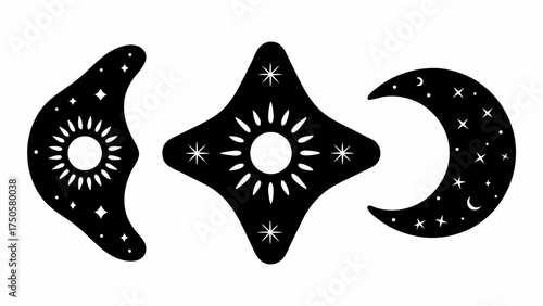 Celestial sun and moon phases with stars, a cosmic dance of light and dark, perfect for spiritual designs