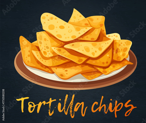 Vibrant vector icon of mouthwatering pile of baked tortilla chips resting on a rustic plate. Chips boast a golden-brown hue and a satisfying texture, making them the perfect snack for any occasion. 