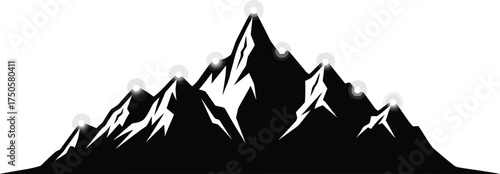 Black mountain range with snow isolated on white background, representing winter, cold, and natural beauty