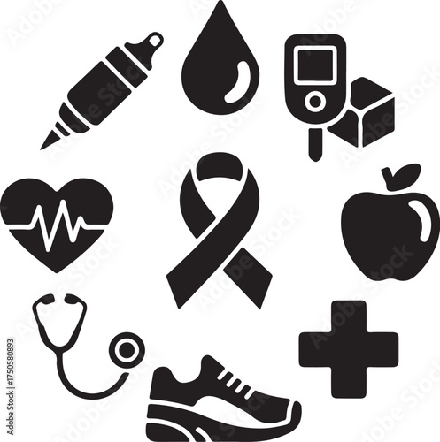 Healthy lifestyle icons circle heart apple cross shoe ribbon