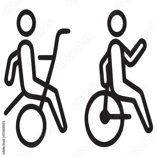 Two figures are depicted in a simple line drawing style, one in a standard wheelchair and the other in a sports wheelchair, isolated on white background the figures are minimalist and symbolic