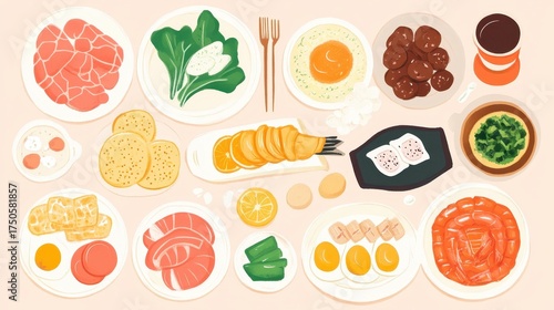 An overhead view of a diverse arrangement of plates with food
