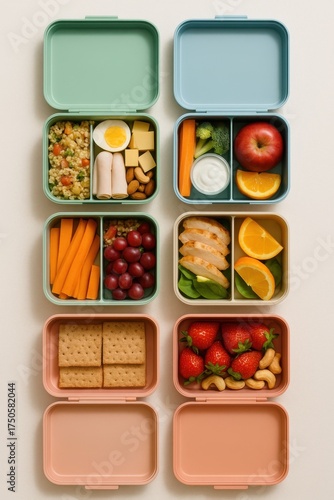 weekly meal prep lunch boxes labeled monday to friday on white background, concept organization and balanced daily nutrition.