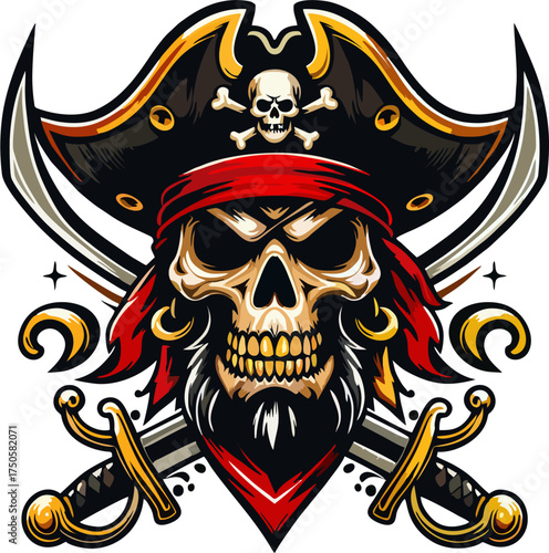Ornate Pirate Skull Mascot with Gold Teeth, Captain Hat, Red Bandana, and Crossed Swords Vector Illustration