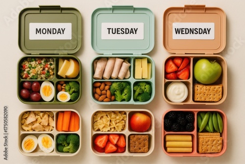 weekly meal prep lunch boxes labeled monday to friday on white background, concept organization and balanced daily nutrition.