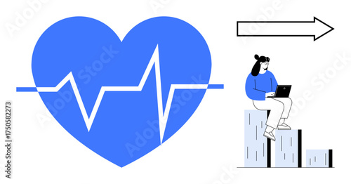 Blue heart with heartbeat line, woman with laptop on bar chart, arrow signaling progress. Ideal for health, career growth, fitness planning, personal development, data analysis, performance tracking