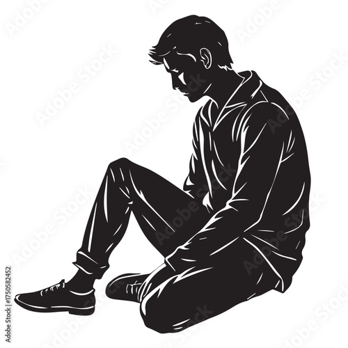 A contemplative black and white silhouette of a man sitting with his head down, isolated on white background, conveying a sense of introspection and solitude