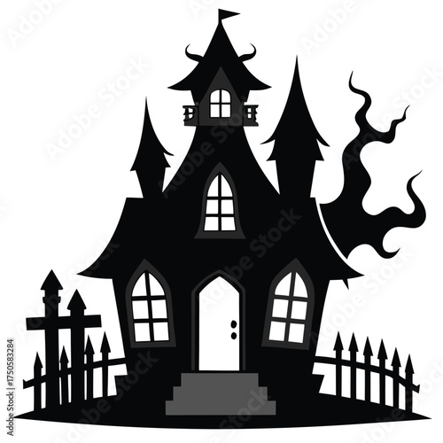 A spooky black silhouette of a haunted house with a fence