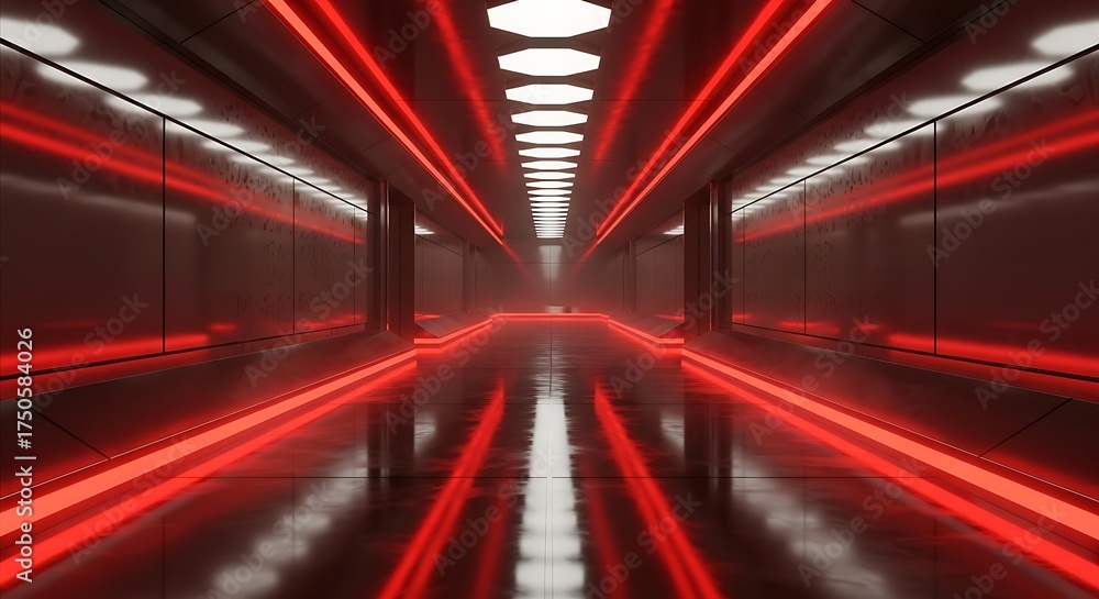 Fototapeta premium Futuristic Red Light Tunnel - A Modern Architectural Perspective.