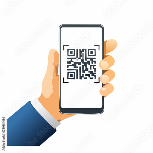 Qr scan. 3D hand with phone, scanning QR code reader on screen. Access, payment and verification, identification app.