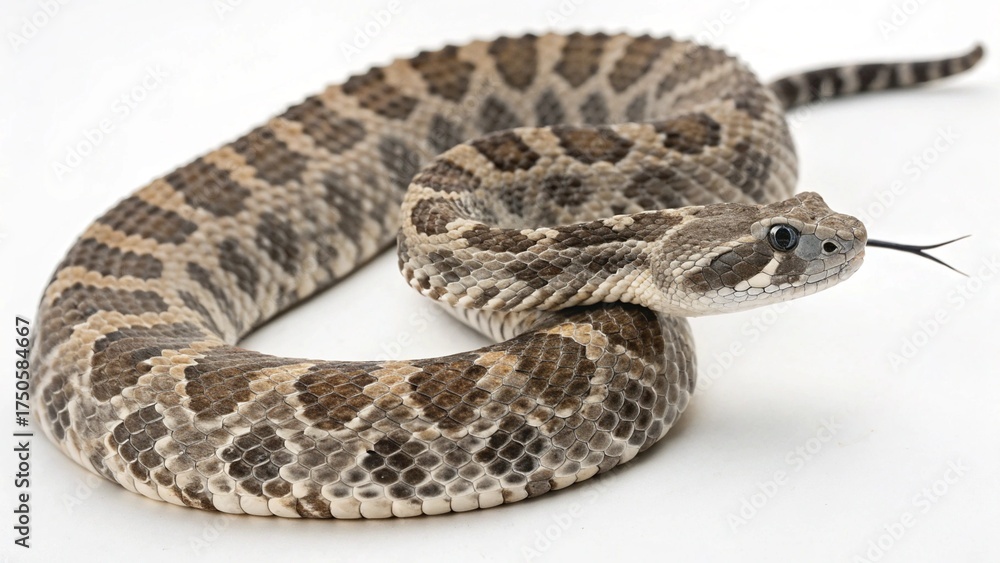 Obraz premium Massasauga rattlesnake with gray-brown patterned scales, triangular head, and rattle-tipped tail, coiled on a clean white studio background, realistic venomous snake portrait, sharp focus, professiona