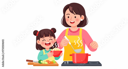 Mother and daughter happily cooking together in the kitchen, preparing a healthy meal with fresh ingredients.