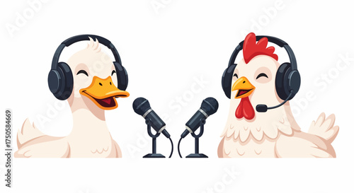 Cartoon illustration of a duck and a chicken wearing headphones and recording a podcast.