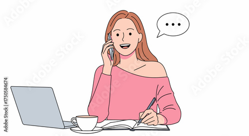 Woman on phone taking notes while working on laptop with coffee.