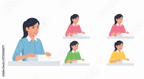 Illustration of a young woman working at a desk with papers, presented in various shirt colors.