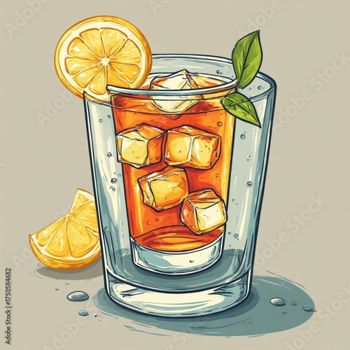 A refreshing beverage with ice cubes, lemon slices, and a sprig of green.