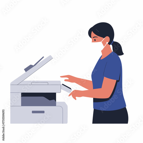 A woman wearing a face mask uses a photocopier in an office setting.