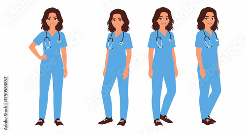 A set of four vector illustrations of a female doctor or nurse in blue scrubs with a stethoscope, shown in various standing poses.