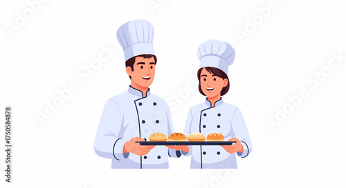 Two bakers, a man and a woman, holding a tray of freshly baked golden-brown bread rolls.