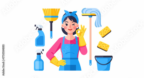 Cartoon woman surrounded by cleaning supplies giving an OK sign.