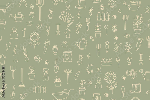 A seamless pattern with a collection of gardening tools. Icons depicting gardening and agricultural equipment, a wheelbarrow, pruning shears, and a watering can. Vector illustration.