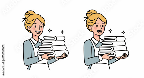 A smiling woman with blonde hair in a bun, wearing an apron, holds a stack of neatly folded white towels.