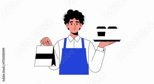 A barista in a blue apron holds a takeout bag and a tray with two coffee cups.