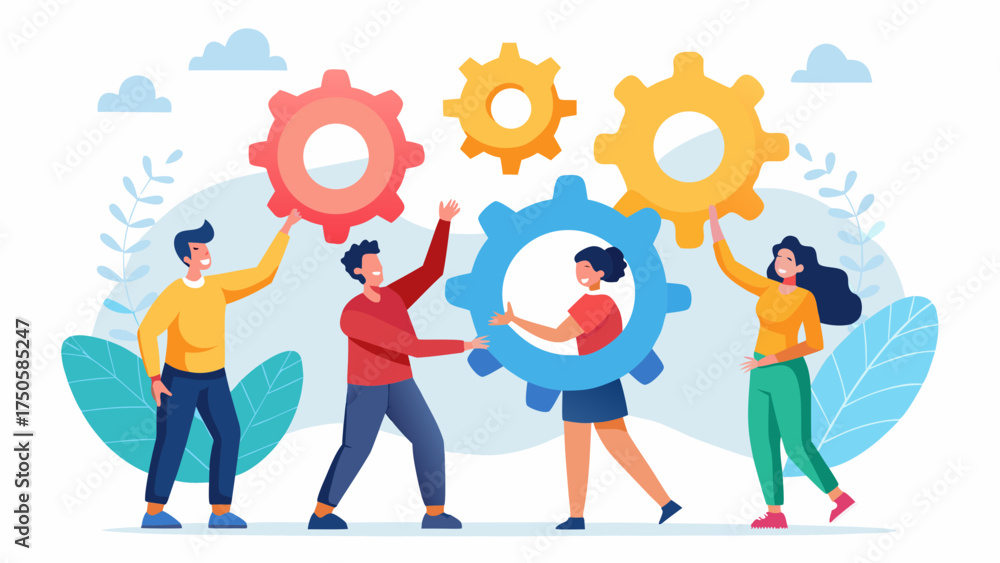 Fototapeta premium Teamwork illustration with gears and people working