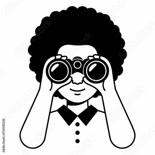 Illustration of a person with an afro looking through binoculars, observing something.