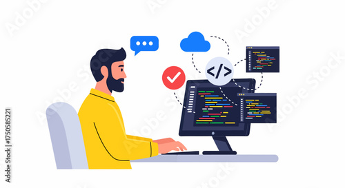 A programmer working on a computer with code and cloud icons around the screen.