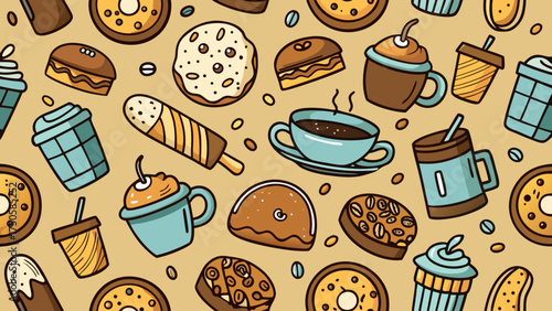 Seamless pattern of donuts coffee and other sweet treats