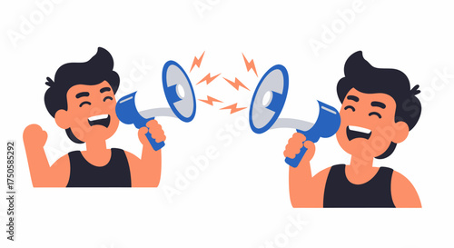 Two cartoon men shouting into megaphones at each other, symbolizing a debate or argument.