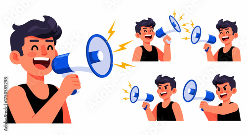 A man holding a megaphone and shouting with different expressions, representing communication and announcement.