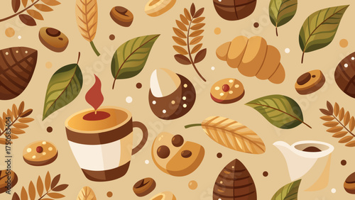 Autumn themed coffee and pastry pattern background art