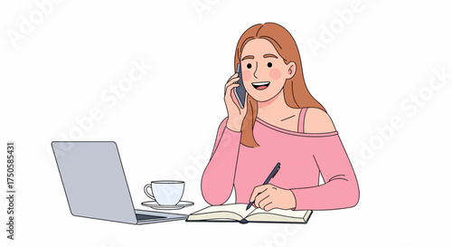 A smiling young woman talks on her mobile phone while writing in a notebook at her desk with a laptop and coffee.