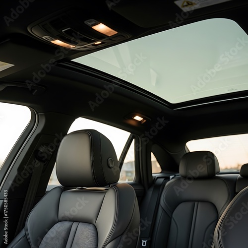 Car Interior with Panoramic Sunroof and Leather Seats.
