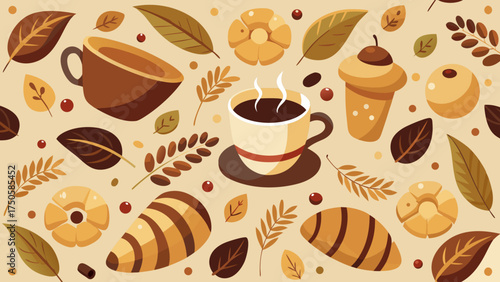 Autumnal coffee and pastries pattern vector design