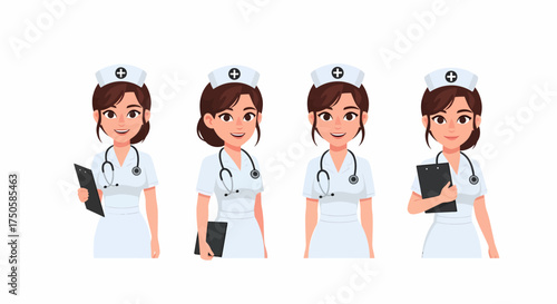 Four cartoon nurses in white uniforms with stethoscopes and clipboards, presented in a row against a white background.