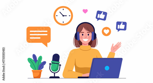 Illustration of a woman with headphones podcasting with a laptop and microphone, surrounded by social media icons.