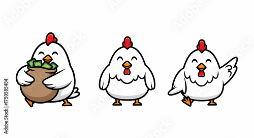 Three cute cartoon chickens, one holding a bag of money, another standing, and the third waving happily.