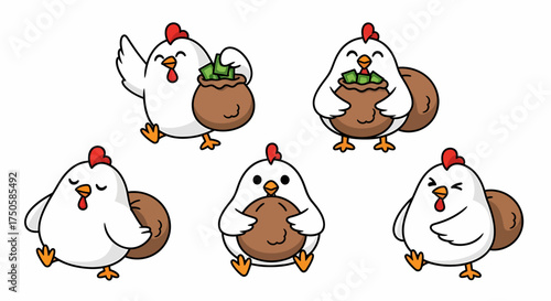 A collection of five cute, round cartoon chicken characters with various expressions, some holding a brown sack full of money.