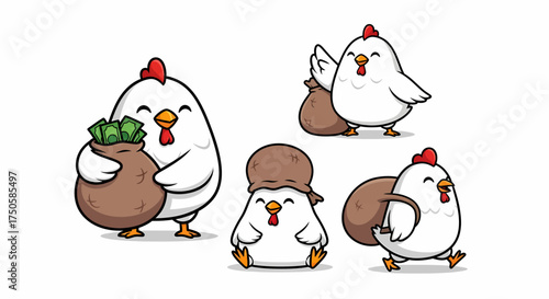 A collection of five adorable cartoon chickens, each depicted with a unique pose and carrying a sack, suggesting themes of wealth and prosperity.