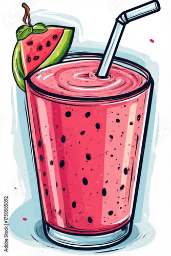Illustration of a refreshing watermelon smoothie in a glass with a straw and a watermelon slice garnish.