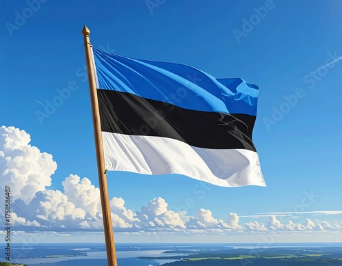 A waving national flag, with blue, black, and white horizontal stripes, flies high against a bright, cloudy sky